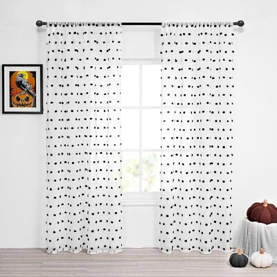 Juego de 2 cortinas transparentes blancas para dormitorio de niña MYSKY HOME pompón negro 52" x 63" Foto 1 de 4