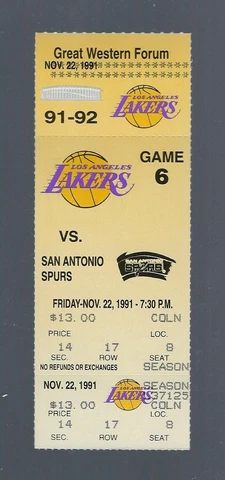 1991 MAGIC JOHNSON HIV SEASON - SPURS @ LOS ANGELES LAKERS NBA FULL TICKET 11/22 Cover