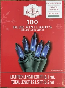 Holiday Time Blue 100 Mini Lights Incandescent Indoor/Outdoor Green Wire 21.5 FT - Picture 1 of 4
