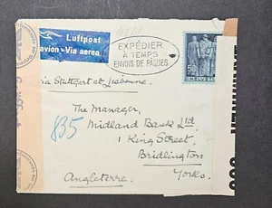 WWII 1942 Switzerland Dual Censored Airmail Cover to UK via Stuttgart Lisbon - Picture 1 of 2