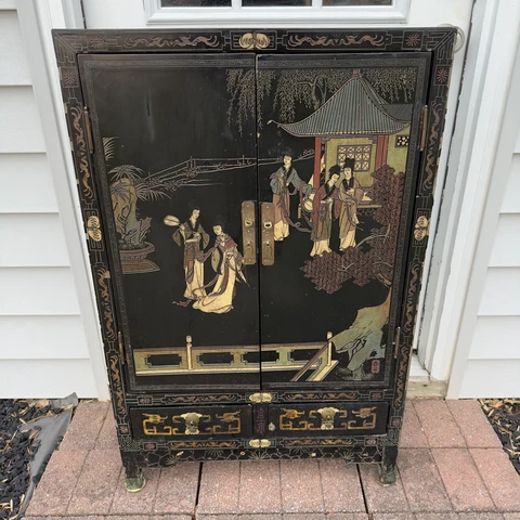 Vintage Mid Century Oriental Asian Chinoiserie Black Laquer Shoe Cabinet Pagoda Cover