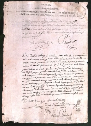 PERU INDEPENDIENTE revenue seal un quartillo document 1827 govern. Simon Bolivar Cover
