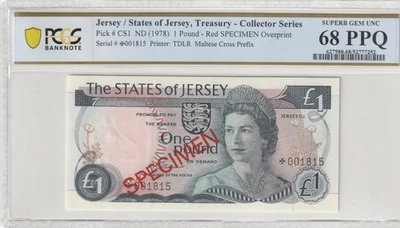 Jersey 1978 1 Pound Specimen PCGS Banknote Certified UNC 68 PPQ Pick CS1 - Image 1 of 2