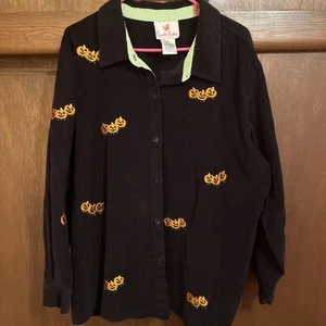 Vtg Quacker Factory 2x Black Embroidered Pumpkin Halloween Shirt LS Corduroy - Picture 1 of 6