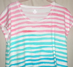 T by Talbots Short Sleeve Cotton/Spandex Knit Top Sz M White/Pink/Teal Stripes - Picture 1 of 10
