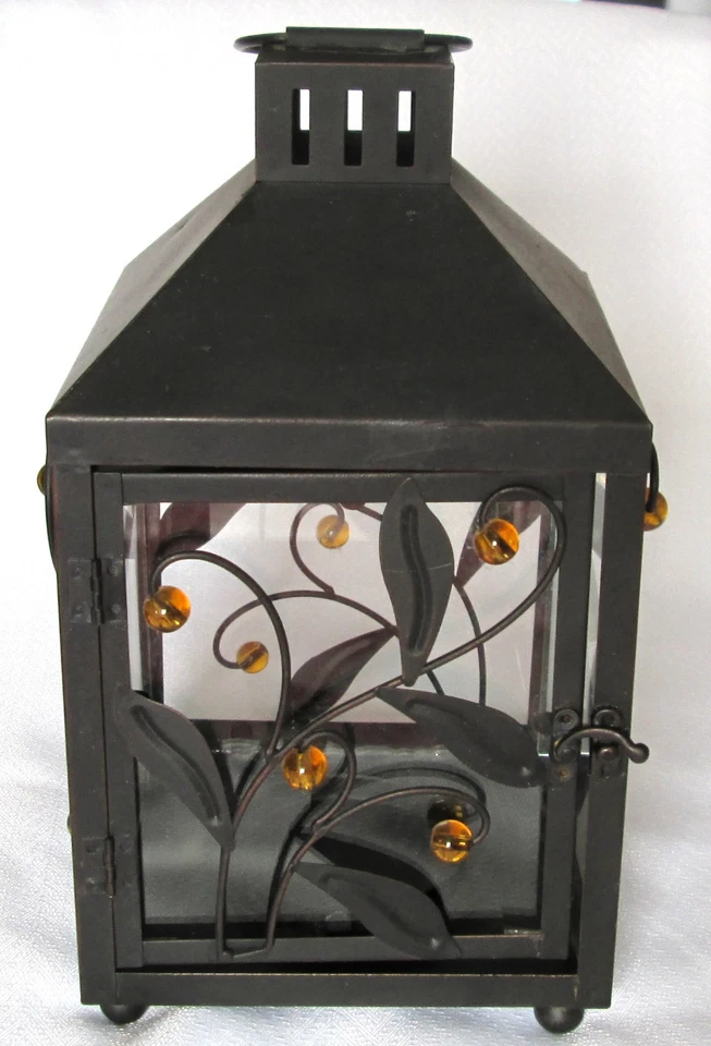 BLACK METAL POWDER COATED HANGING CANDLE LAMP - LEAF PATTERN W/GOLD BALLS - Image 1 of 1