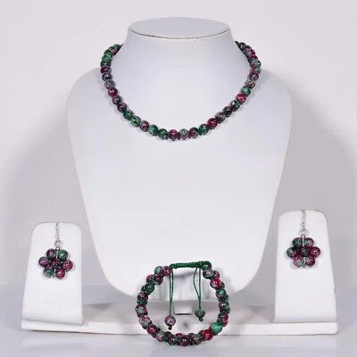 Natural Ruby Zoisite Beads Women Jewelry Set Earrings ~ Necklace ~ Bracelet Gift - Image 1 of 4