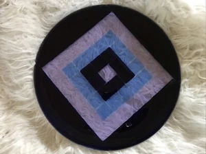 SIGNED RH Vintage Fused Art Glass Dish Geometric Dark Blue Light Blue Lavender - Picture 1 of 7