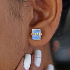 Emerald Cut Moonstone & Real Diamond Band Wrapped Around Studs Earrings 14k Gold