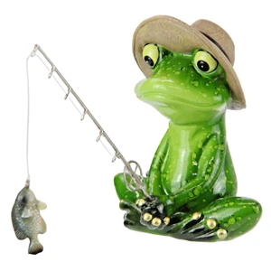 14cm Fishing Frog Marble Fisherman Hat Garden Ornament Figurine Statue Sculpture - Picture 1 of 5