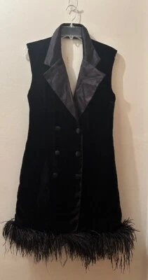 Free People X Harmur Boardroom Silk Black Feather Velvet Satin Mini Dress NEW L - Image 1 of 4