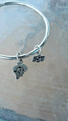 Silvertone Bangle Bracelet with 2 Oklahoma State/  OSU Pistol Pete Charms Estate Cover