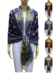 Shinny Glitter Leaf Paisley Flower Tassel Fringe Shawl Wrap Long Pashmina Scarf - Picture 1 of 2