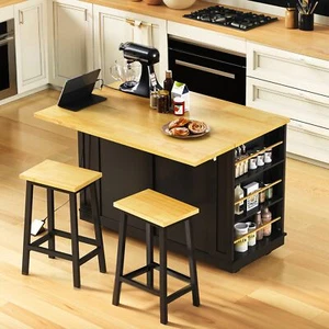 48" Kitchen Island w/2 Bar Stools Set,Power Outlet, Door Storage Rack, Drop Leaf - Picture 1 of 48