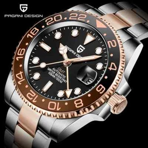PAGANI DESIGN New Rose Gold Ceramic Bezel GMT Watch Luxury Sapphire Glass - Picture 1 of 21