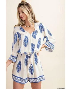 Summer Crossing Border Print Romper in Blue and Ivory - Picture 1 of 5