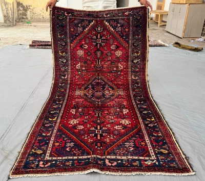 3x6 Stunning Afghan Heriz Style Rug with Bold Red & Navy Geometric Design. - Image 1 of 4
