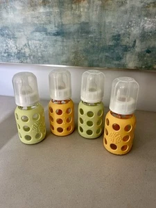 Lifefactory Lot of 4 Baby Bottles 4oz Bottles Silicone Sleeves + Nipples EUC - Picture 1 of 4