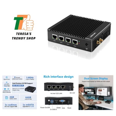 Fanless Firewall Mini PC 4 x Intel I225/i226 Gigabit Ethernet LAN Ports, Fire... - Image 1 of 4