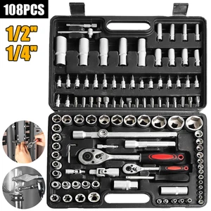 108TLG STECKSCHLÜSSELSATZ RATSCHENKASTEN 1/2" 1/4" KNARRENKASTEN BITS WERKZEUG - Bild 1 von 12
