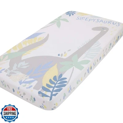 NoJo Sleepysaurus Hoja de Dino Azul, Amarillo, Gris y Blanco 100% Algodón Foto Op Foto 1 de 4