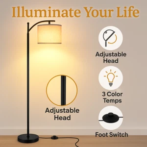 Modern Floor Lamp with Beige Linen Shade, LED Bulb 3-Color, Tall Reading Light - Picture 1 of 9