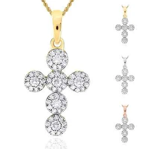 .27CTW Real Diamond 10K Gold Yellow White Rose Cluster Cross Pendant 0.8" - Picture 1 of 11