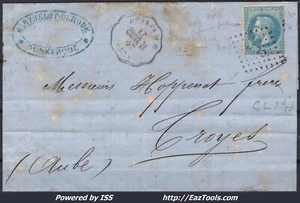 FRANCE N°29A SUR LETTRE POUR TROYES AVEC AMBULANT CL2° CALAIS A LILLE 17/06/1871 - Picture 1 of 2