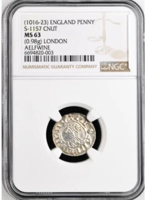 England 1016-1023 King  Cnut Silver Penny NGC MS63 S-1157 London Mint - Image 1 of 4