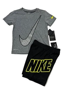 Nike NWT Boys Size 6 Gray T Shirt Black Shorts Neon Logo 2 Piece Set Outfit - Picture 1 of 3