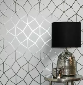 2 X Fine Decor Platinum Geometric Textured Trellis Luxury Wallpaper Grey&Silver - Picture 1 of 13
