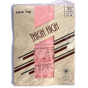 Vintage 80s Fields Hosiery Sheer Thigh High Nylons Lace Top Pink Petite Medium - Bild 1 von 3