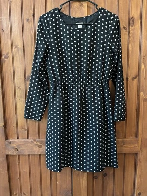 J. Crew 波尔卡圆点连衣裙女式 0 码长袖黑色白色复古 Modest — 第 1/4 张图片