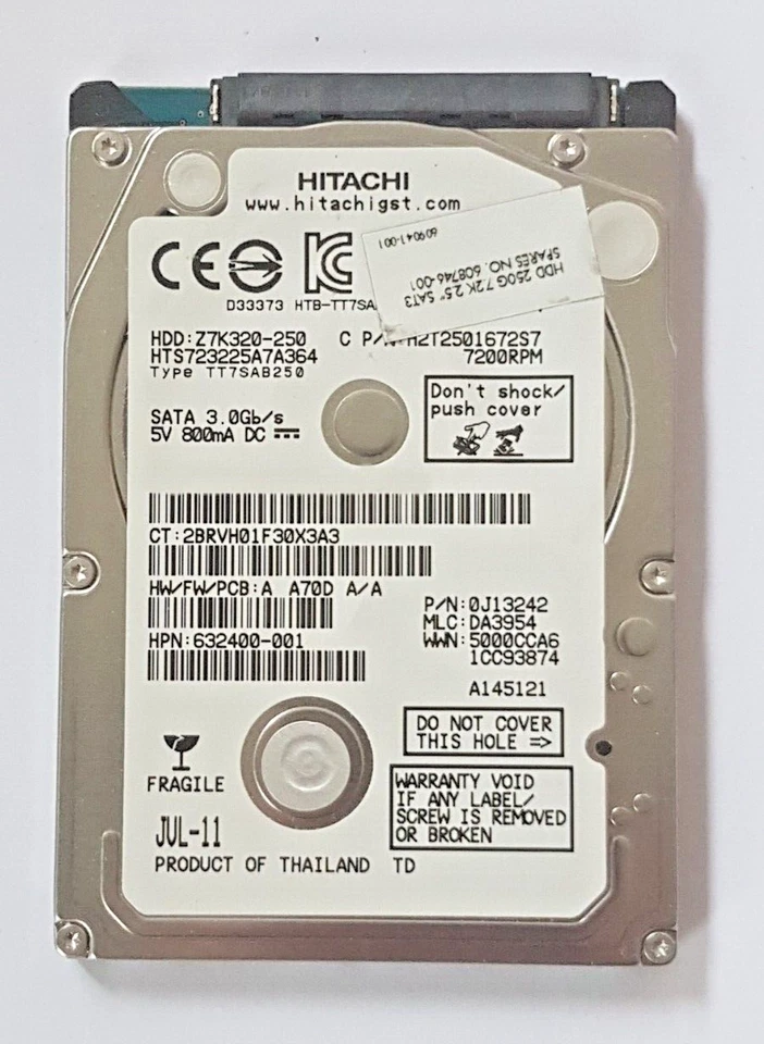 250 GB SATA Hitachi HTS723225A7A364 7200rpm 16MB HDD 2.5 " Internal Hard Drive - Image 1 of 1