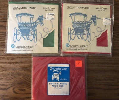 Mixed Lot of 18 count Aida Counted Cross Stitch Fabric 12"x18",  2 red,  1 green - Image 1 of 4