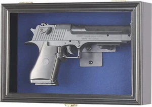 Estuche de exhibición de armas negro azul madera gabinete pistola revólver bloqueo caja de sombra - Imagen 1 de 8
