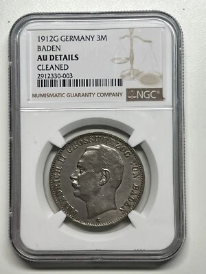 GERMANY 1912 BADEN 3 Mark Grand Duke Friedrich II NGC Au Details - Image 1 of 4