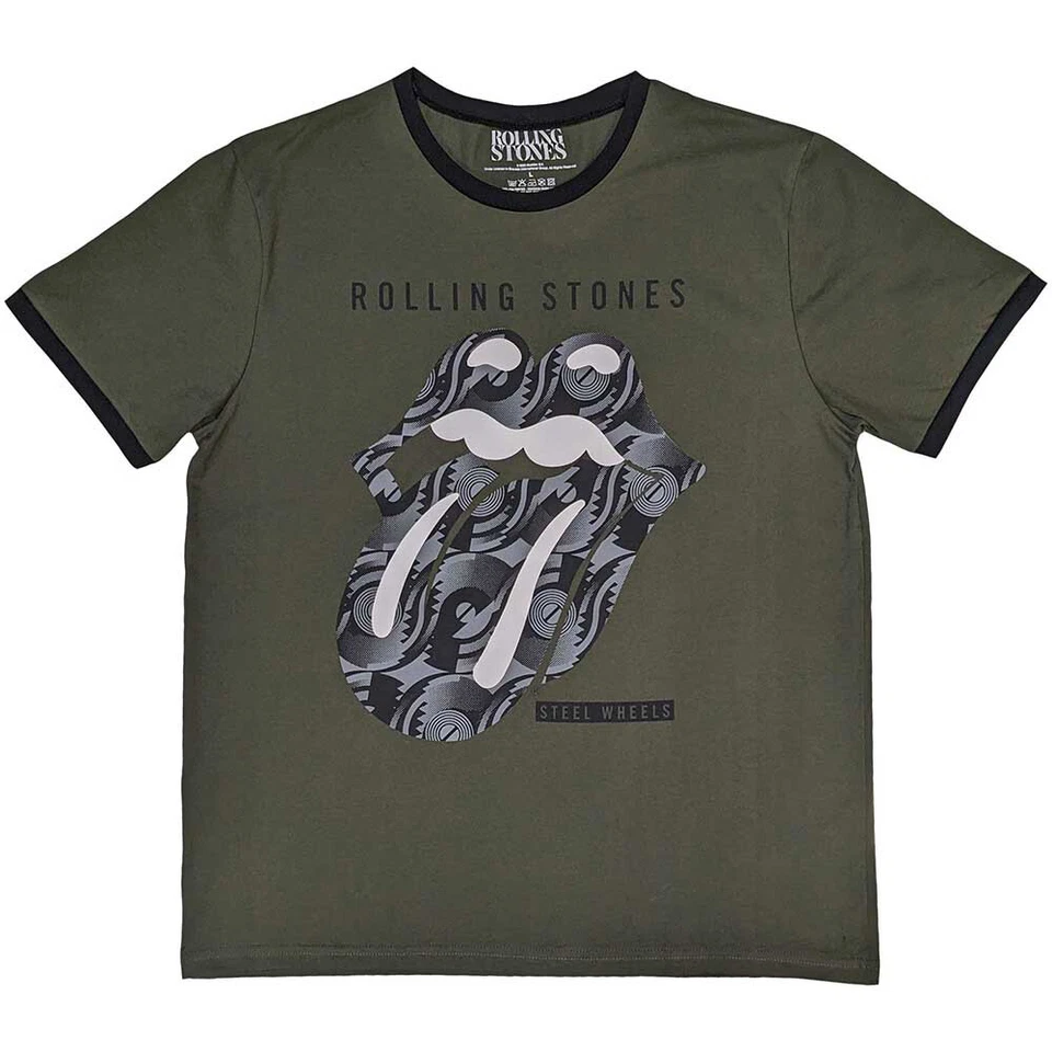 Rolling Stones - Black & White Tongue - Khaki Green Ringer  t-shirt - Image 1 of 1