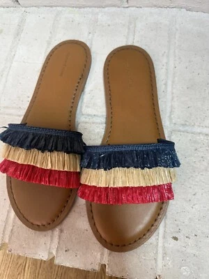New Vineyard Vines LAYERED STRAW FRINGE SANDALS Red White Blue July 4th Size 12 - Image 1 of 4