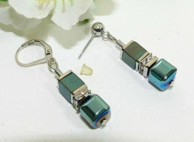 Ohrringe Ohrhänger Hämatit Petrol grünblau facettiert Edelstahl Strass 064e - Bild 1 von 4