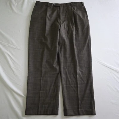 Hart Schaffner Marx 36x30 Brown Windowpane Wool Pleated Cuffed Mens Dress Pants - Image 1 of 4