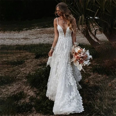 A-Line Bride Dress Spaghetti Strap Court Train Lace Wedding Dresses Backless - Image 1 of 4