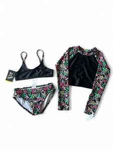 NWT Art Class Girls M 8 Black & Floral 3pc Swim Set Rash Guard Bikini Top Bottom - Picture 1 of 8