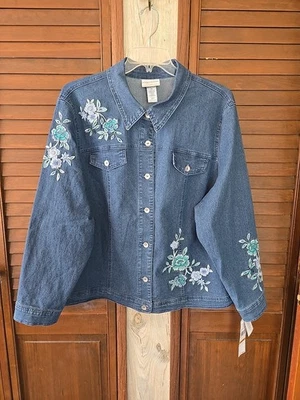 Jaqueta casaco bordado tamanho 3X nova com etiquetas Alfred Dunner feminina azul denim botão - Imagem 1 de 4