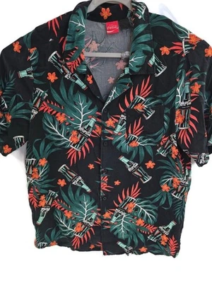 Camisa Coca-Cola Para Hombre Grande Negra Hawaiana Abotonada Floral Rayón Tropical Campamento Foto 1 de 4