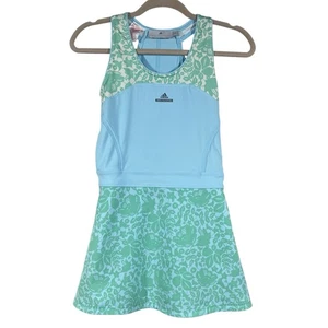 Adidas Stella McCartney Barricade Tennis Dress Youth 12 Blue Green Floral Sporty - Picture 1 of 6