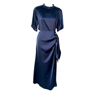 Blue Satin Modest Asymmetrical Dress Large Blue Cut Out Waist Lined Slit Skirt - Picture 1 of 22