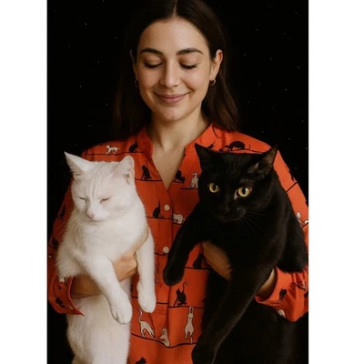 Coral Cat Print Long Sleeve Button Up Shirt 3XL - Image 1 of 4