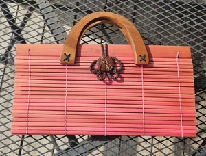 BAMBOO SLAT PURSE pinkish red WOOD HANDLES lined UMBRANDED 12" W  X  6" T - Picture 1 of 6