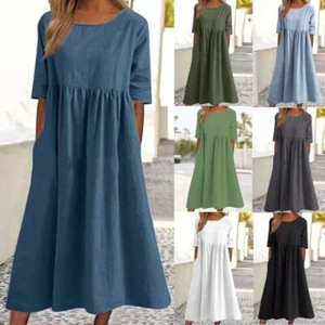 Womens Short Sleeve Pleated Midi Dress Ladies Casual Baggy Solid Swing Dresses - Picture 1 of 10